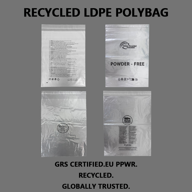 Egyedi újrahasznosított LDPE Polybag GRS tanúsítvánnyal rendelkező csomagolótáska